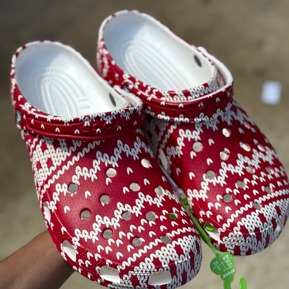 Red and white crocs